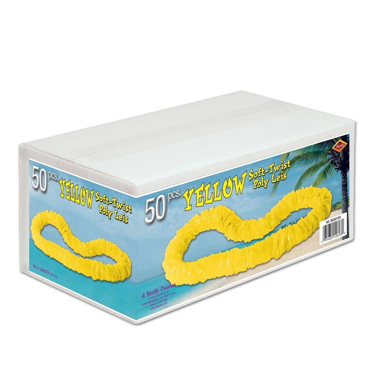 50 Pack Bulk Luau Party Yellow Soft-Twist Poly Leis with Labeled Box